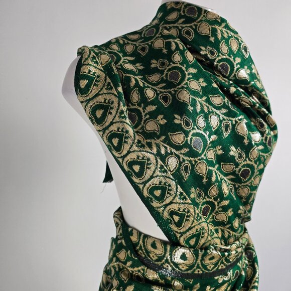 Vintage Kashmiri Embroidery Green & Gold Wrap Scarf Made In India - Picture 2 of 7